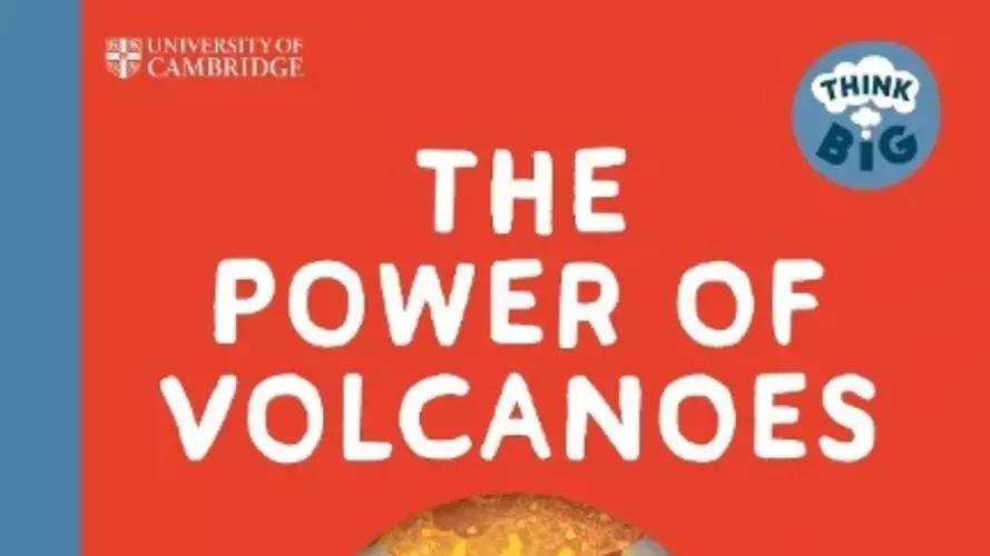 Red book cover with an erupting volcano