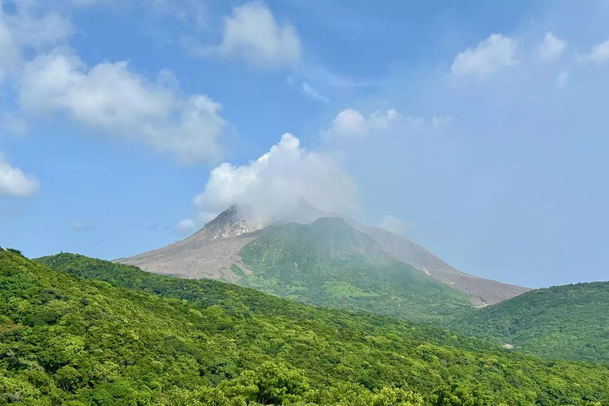 Distant view of the Soufrière Hills volcano on the Caribbean island of Montserrat